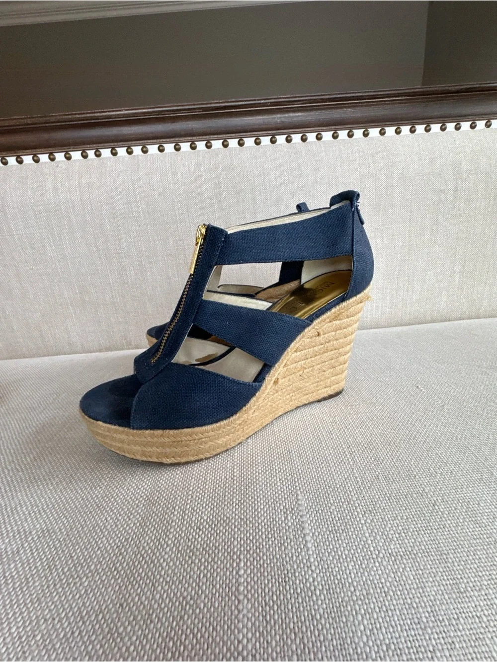 Michael Kors Navy Wedge Espadrille Sandals with Zip Accent